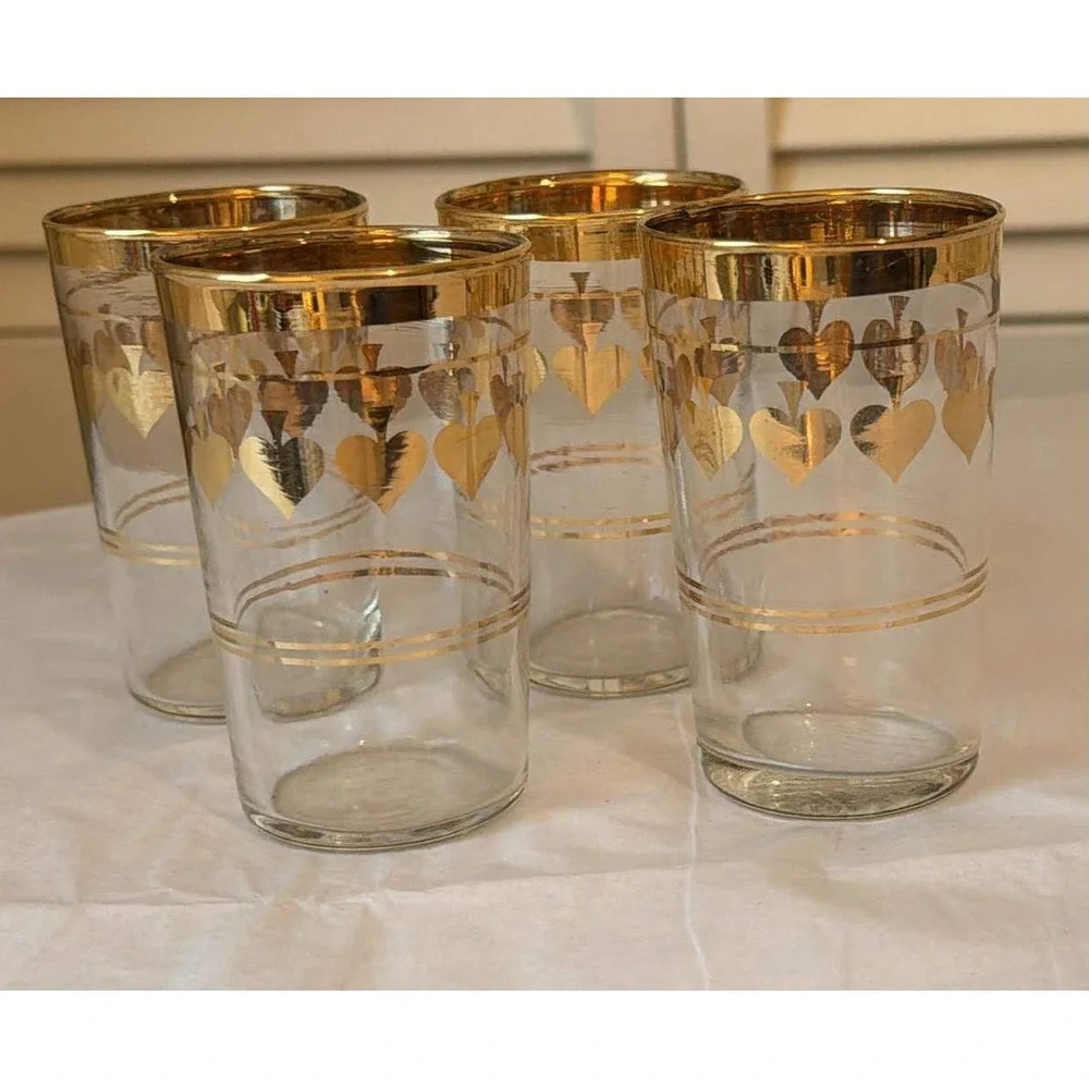 Vintage Barware Glasses Set of 4 3oz Clear Gold Spades MCM Retro EUC